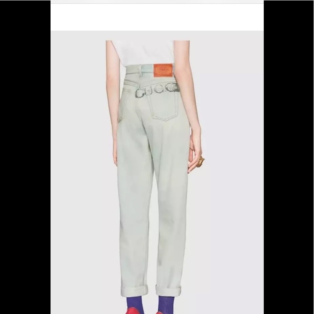 Gucci High-Rise Jeans in Light Sage Green with Brown Leather Patch
